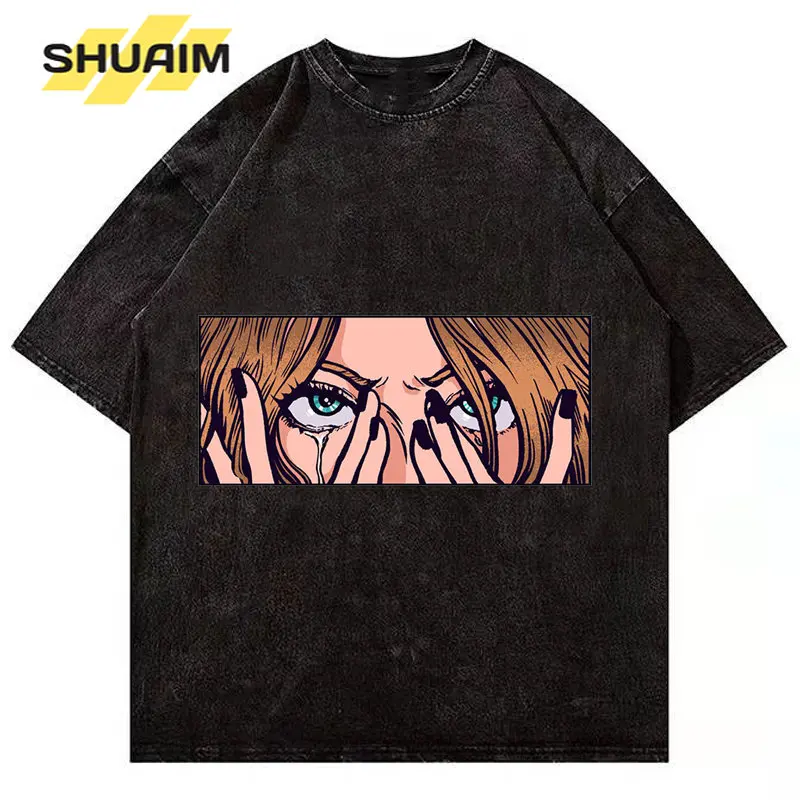 

SHUAIM Hip Hop Streetwear Washed T-Shirt Men Anime Eyes Graphic T Shirt Men Cotton Casual Short Sleeve Harajuku Tshirt Tops