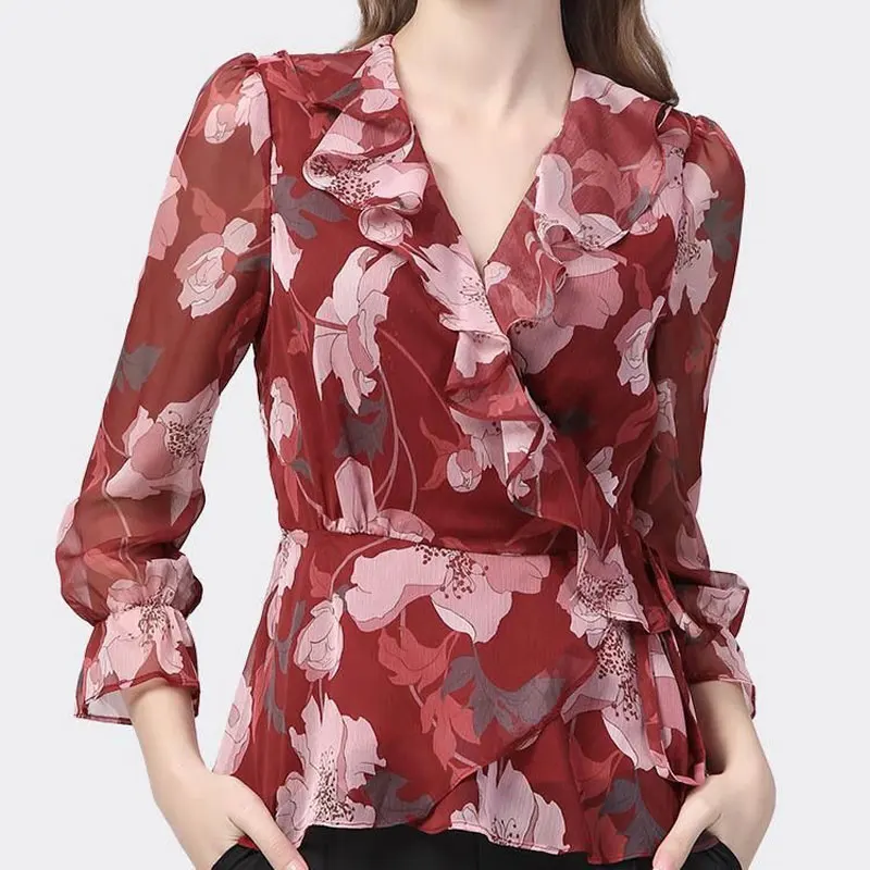 Женская Асимметричная Блузка с оборками элегантная винтажная блузка V-образным