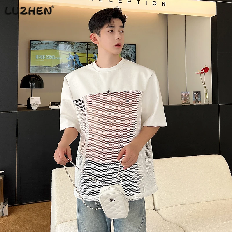 

LUZHEN Trendy Mesh Hollow Out Patchwork Niche Design Leather Breathable Short Sleeve T-shirt Men's Korean Fashion Tops 5c8911