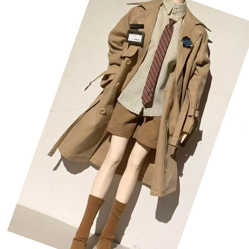 Фото Винтажный детективный костюм-ветровка для мужской BJD-куклы 1/4 (45 см), полосатая рубашка, галстук, шорты цвета хаки, комплект одежды для куклы, кукла не входит в комплект. №2