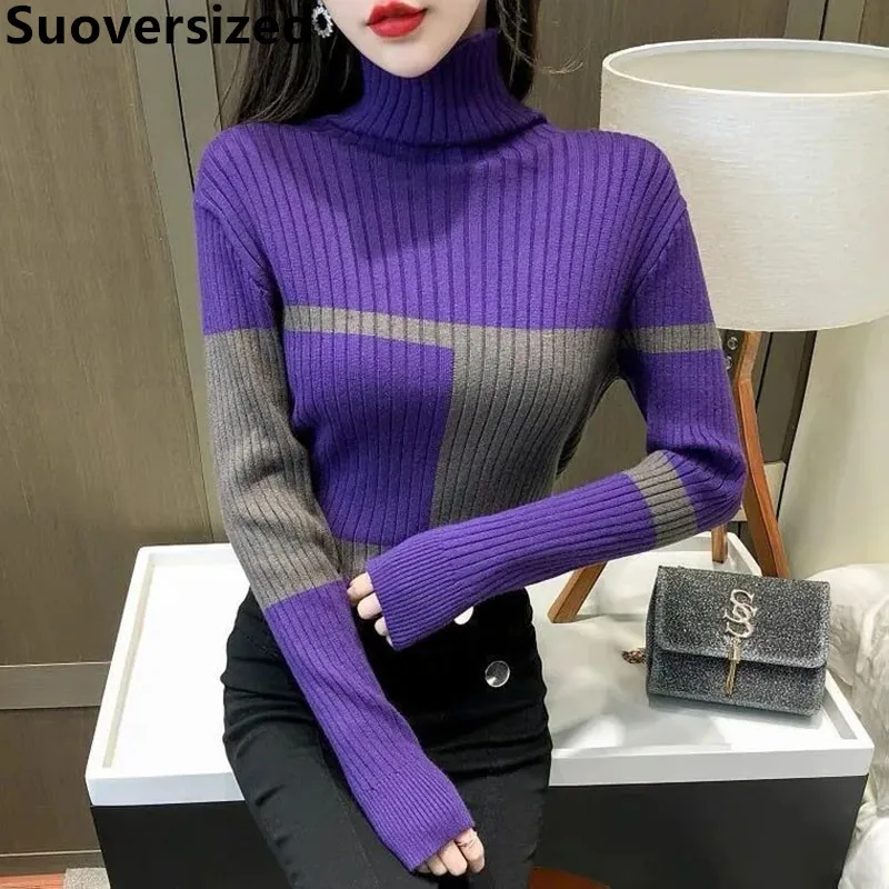 

Women's Mixed Color Warm Sweater Fall Winter Long Sleeve Turtleneck Knitted Pullover Korean Casual Elegant Slim Bottoming Jumper