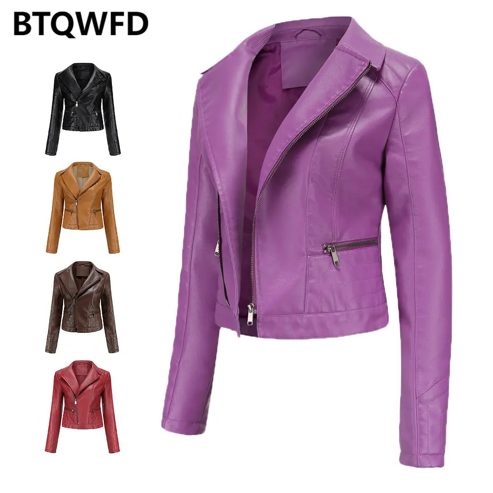 Enlarge Female Clothing Women's Turndown Collar Zipper Jackets PU Motor Biker Leather Coats 2022 New Autumn Fashion Long Sleeve Outwear