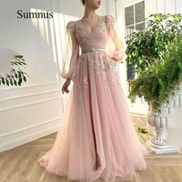 blush pink fairy tulle prom dresses long sleeve belt lace evening gown v neck with pocket long prom dress graduation gowns