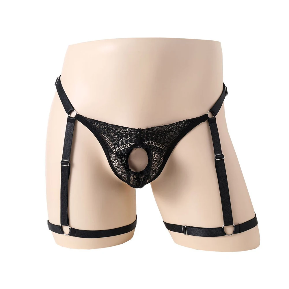 

Sexy Men Lace Lingerie Ring Thong Garter Harness Underpants See-through Erotic Underwear Panties G-String Jockstrap Solid Briefs