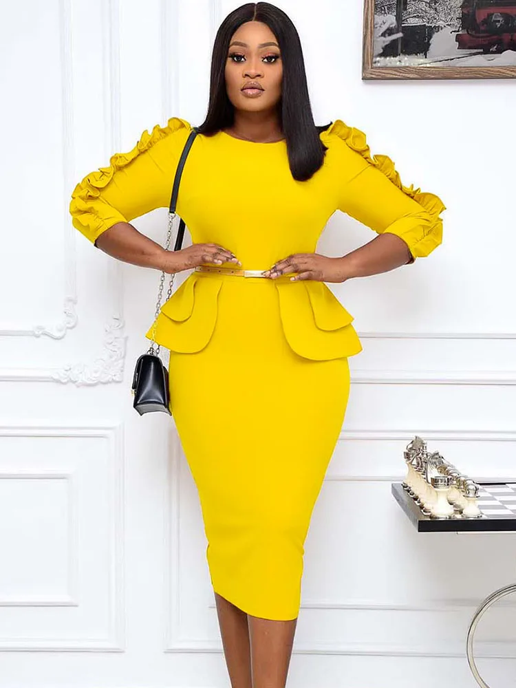 Женское облегающее платье-карандаш с длинным рукавом и оборками