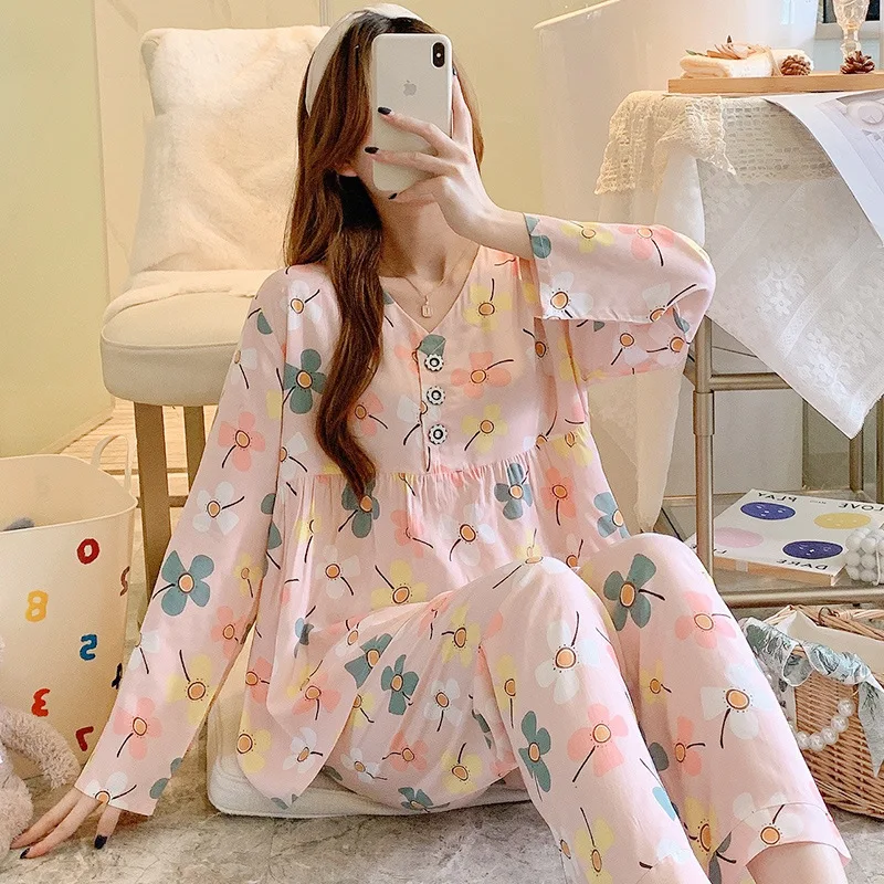 Long-sleeved Pajamas Women Spring/Autumn Thin Viscose Home Service Japanese Girls Can Wear Out Student Suit Autumn Clothes Sleep