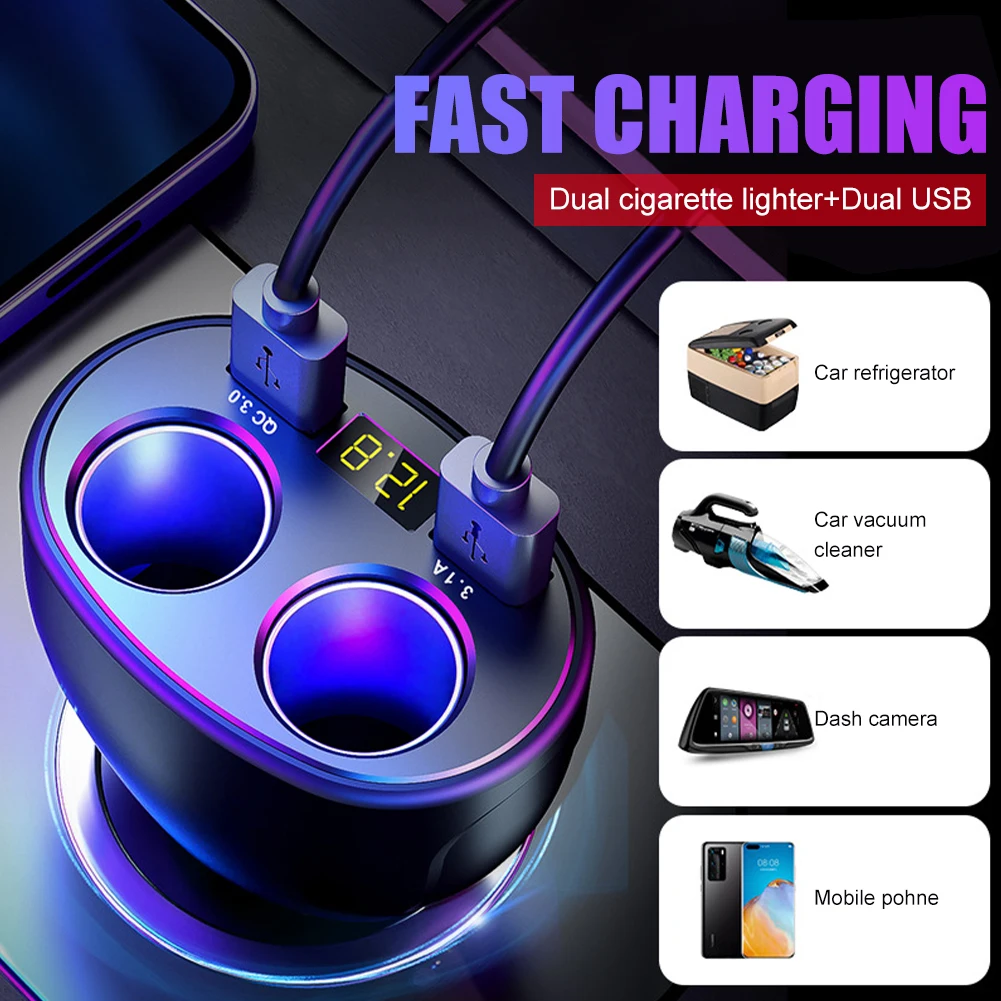 

Car Charger 4 In 1 with Dual USB Output 3.1A Fast Charging Dual Cigarette Lighter Voltmeter Car Charger Adapter for iPhone XR XS