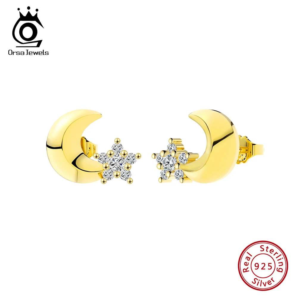 

ORSA JEWELS 14K Gold 925 Sterling Silver Moon&Star Zircon Stud Earrings for Women Girls Earrings Anniversary Jewelry Gift APE126