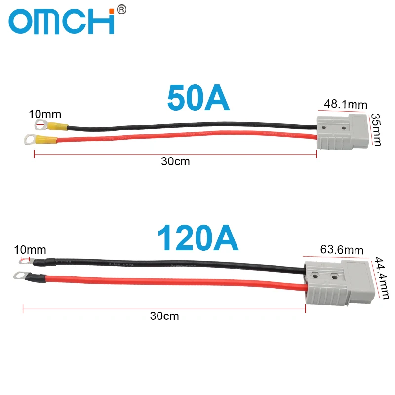 Фото OMCH 50A 12AWG/120A 8AWG двухполюсный сильноточный штекер 600 В с силиконовым кабелем 30 см для зарядки аккумулятора электромобиля №4