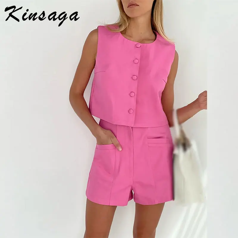 

Womens Pink Shorts Sets Elegant O-neck Sleeveless Button Up Blazer Top and Pocket Shorts Elegant Office Ladies Suits Workwear