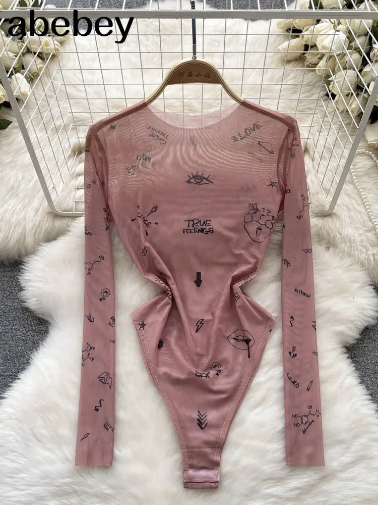 

Women Sexy See Through Rompers Fashion Korean Bodycon Jumpsuits 2022 New Summer Chic Streetwear Flocking Slim Bodysuit