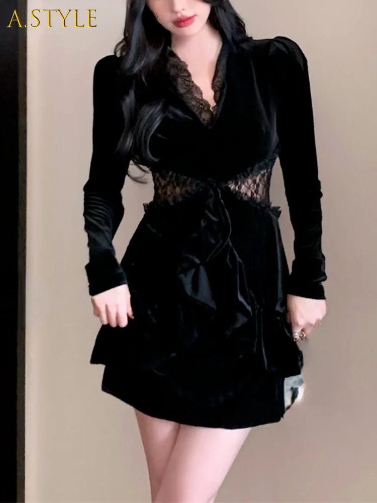 

Elegant Black Velvet Dresses Woman Casual Sexy Y2k Mini Dress Korean Fashion 2022 Spring Long Sleeve Party Dress Lace Design