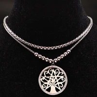pentagram tree of life crystal stainless steel necklace women silver color layered necklaces jewelry arbol de la vida n59s08