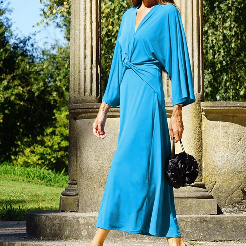 

Женское праздничное платье-трапеция, однотонное простое длинное платье с V-образным вырезом, осень-весна