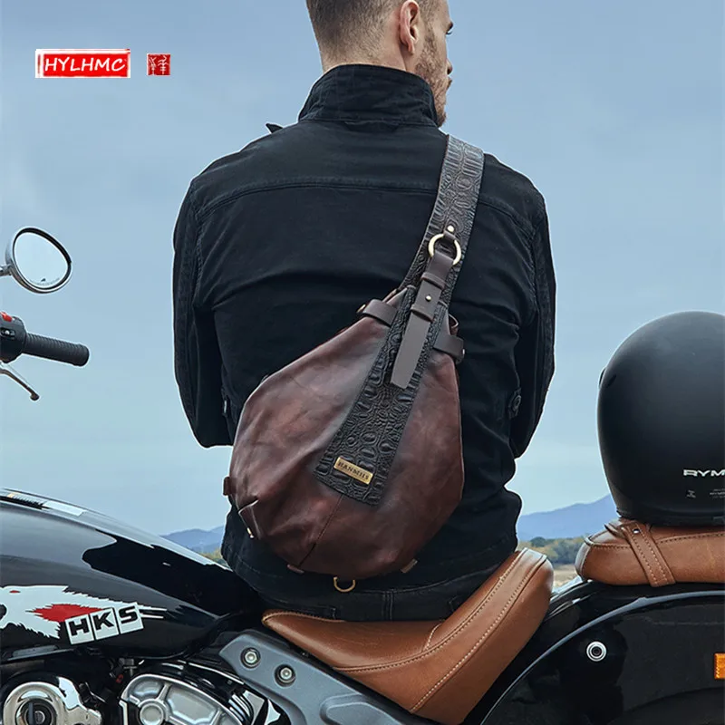 

Water Drop Triangle Genuine Leather Men Chest Bag B6 Umbrella Soldier First Layer Cowhide Retro Men's Bag Shoulder Messenger Bag