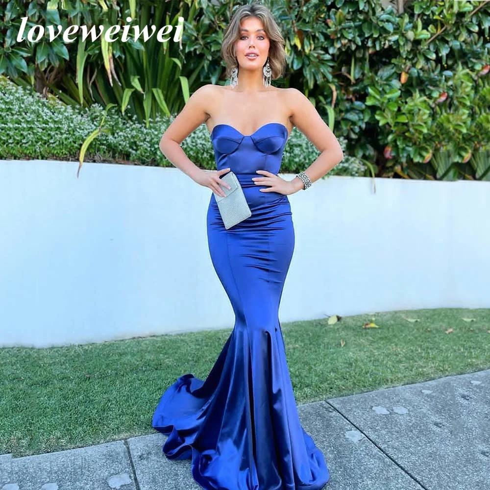 

Loveweiwei Long Soft Satin Royal Blue Evening Dress Mermaid Slim Prom Gown Robes de soirée Sexy Backless Sweep Train Party Dress