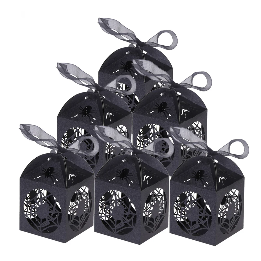 

50pcs Candy Boxes Treat Boxes Hollow Spider Web Boxes with Ribbon for Kids Party Wedding Black Supplies