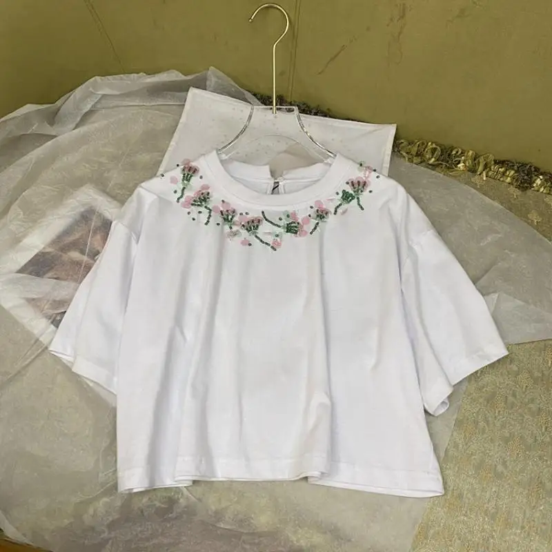 

Flower Beaded Sequined Dolman Sleeve Top Short Loose Casual White T-Shirt Summer Women Elegant Luxury Brand Clothes Designer New