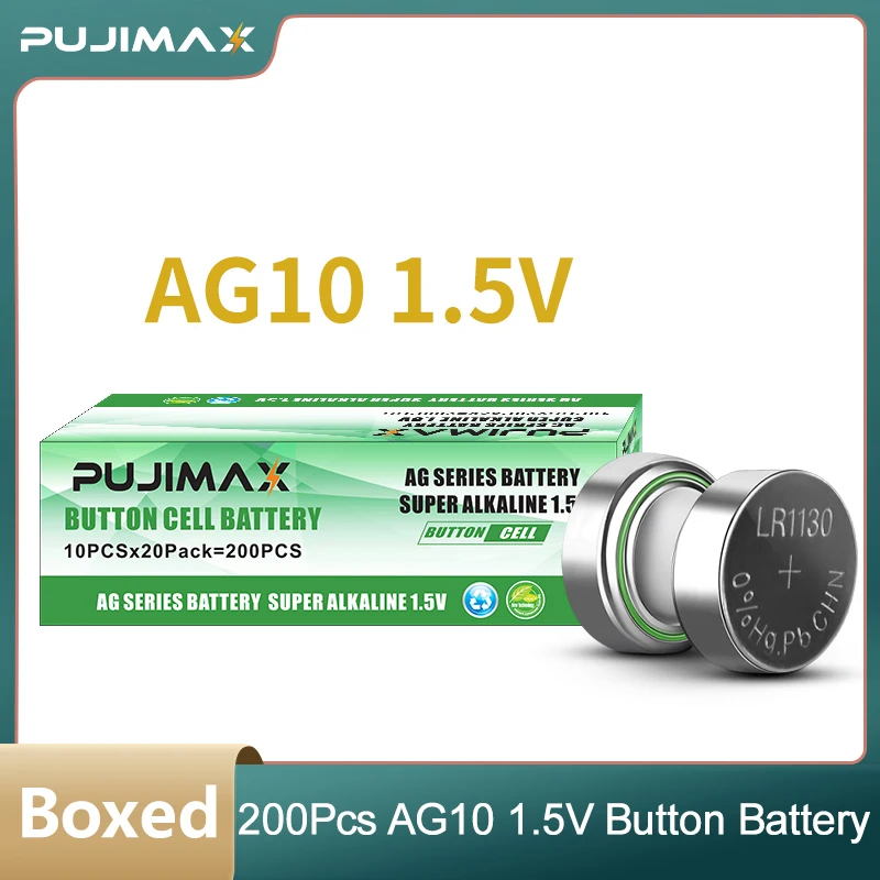 

PUJIMAX 200 шт. 1,5 в AG10 LR1130 389A 198 LR54 Кнопочная батарея 189 LR54 элемент монет щелочная батарея для фонариков игрушек дверных звонков