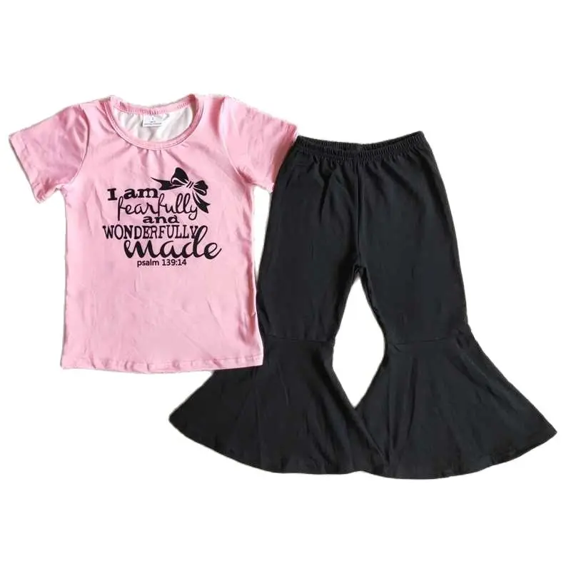 

B8-15 одежда для маленьких девочек, розовая футболка с коротким рукавом, черный комплект с брюками-колокольчиками, весенний и осенний наряд, о...