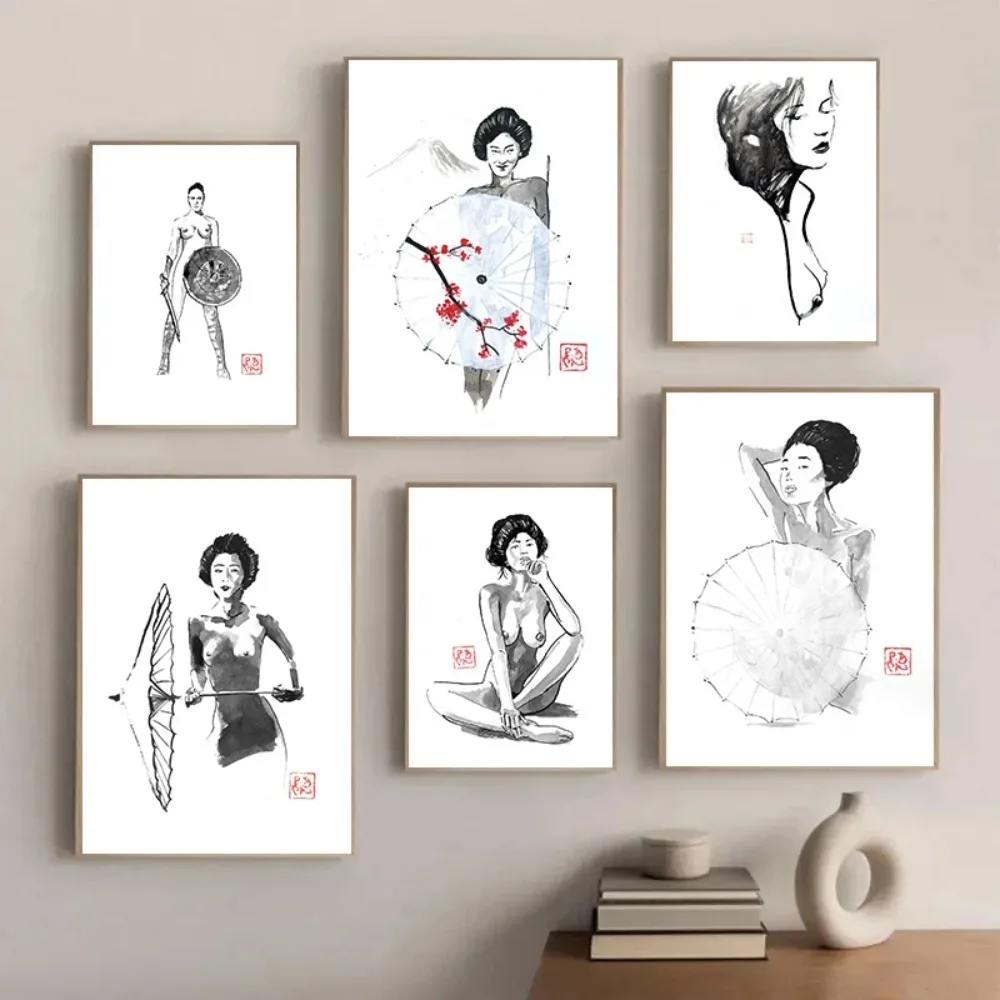 Абстрактные Черные Чернила Гейша Женщина И Зонтик Холст Принт Без Рамы Настенное