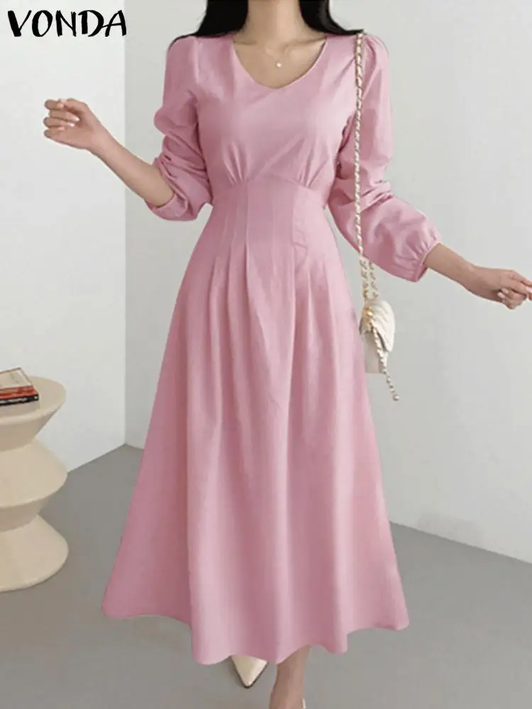 

Women Dress 2023 Summer Office Style Dress Elegant Solid Color Vestido VONDA Sexy V Neck Mid-Calf Sundress Fashion Robe