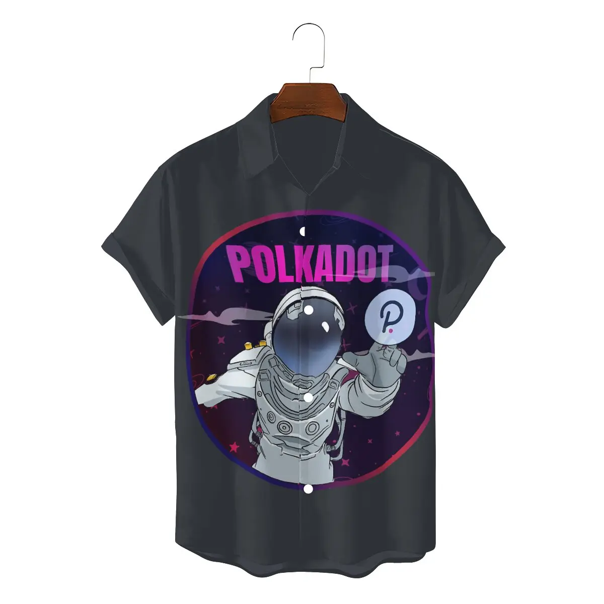 

Astronaut Man's Hawaii Shirts Polkadot DOT Blockchain Crypto Coin Square Neck Short Sleeve 3D Shirt Funny Top Quality Gift Idea
