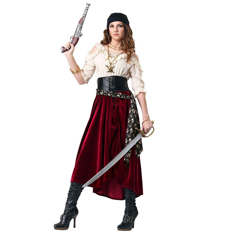 

scarf+ belt +dress women pirates of the captain costume halloween rpg playing cosplay suit medoeval gothic fantasy women's dress