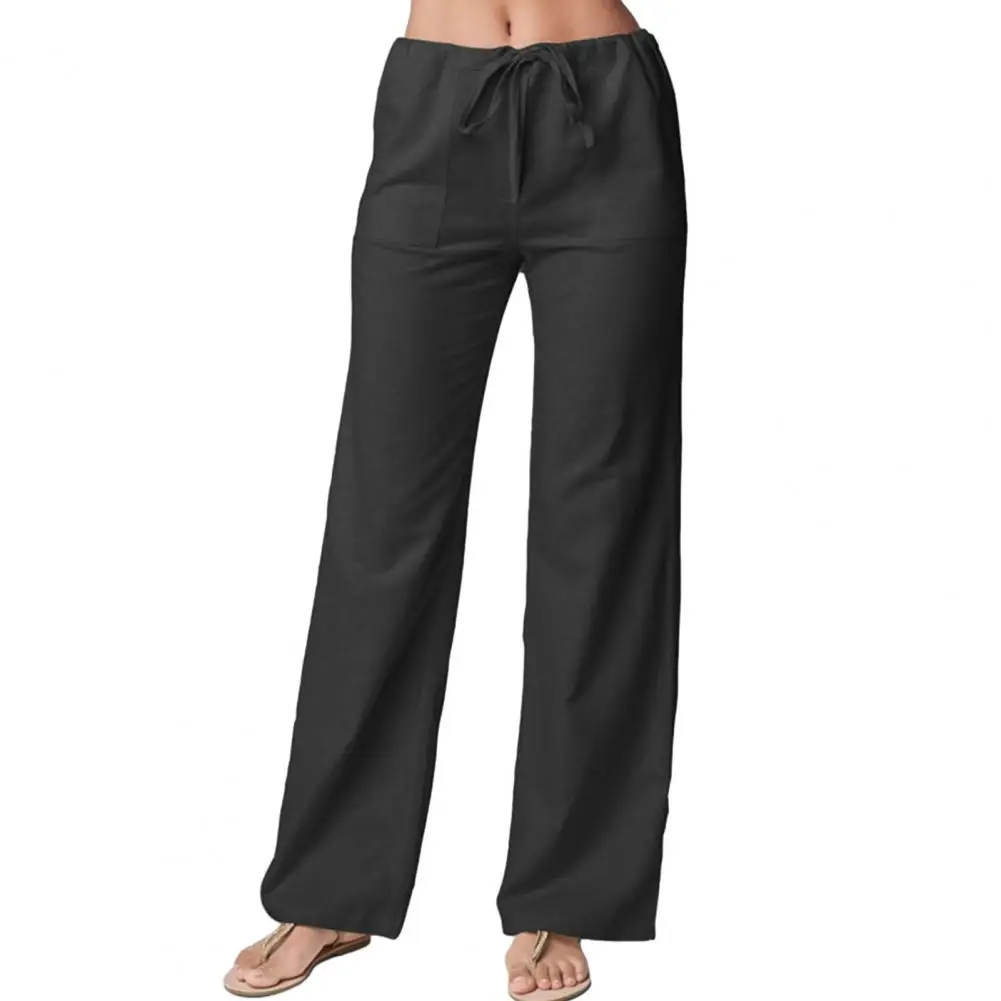 

Mid-rise Drawstring Casual Women Pants 2023 Elastic Waistband Pockets Straight Wide Leg Loose Fit Long Trousers Streetwear