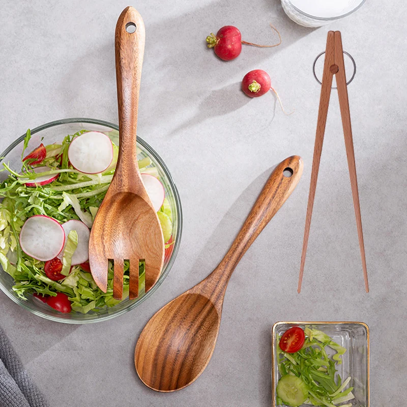 

Large Spoon Fork Set Food Tongs Big Salad Serving Spoon Long Handle Cooking Spoon Dessert Cake Clip Kitchen Wooden Utensils