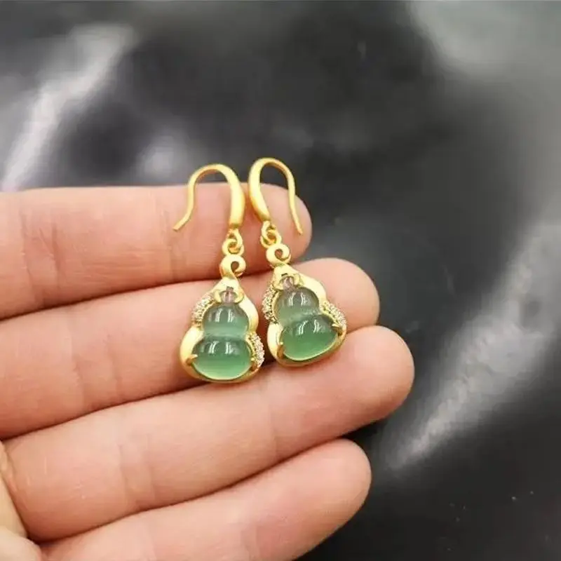 

New silver inlaid natural Hetian chalcedony pendant earrings for women light luxury elegant retro engagement party jewelry