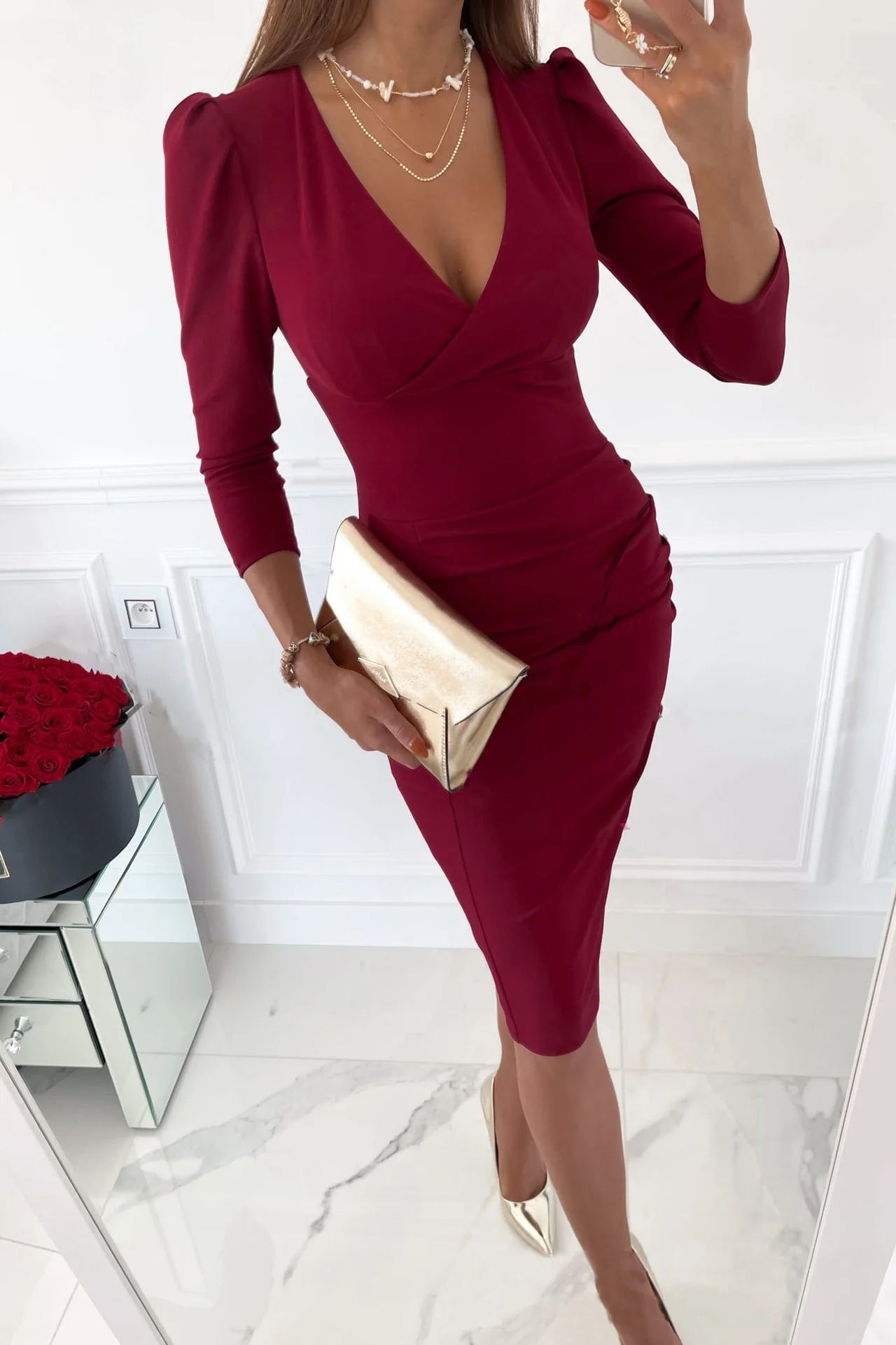 

Women V-neck Long Sleeve Sexy Fashion Slim Waist Dress Elegant Women's Dresses For Party