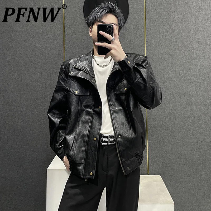 

PFNW Men's New Tide Spring Autumn Fashion Niche Design Retro Motorcycle PU Leather Coat Thickened Versatile Short Jacket 28G0741