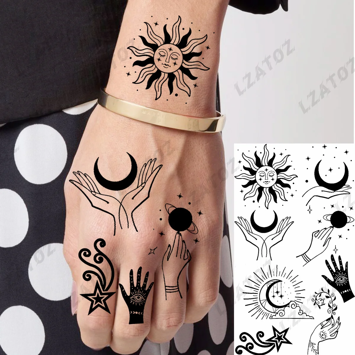 

Indian Sun Moon Temporary Tattoos For Woman Kids Realistic Stars Universe Fake Tatoos Trumpet Finger Waterproof Tattoo Sticker