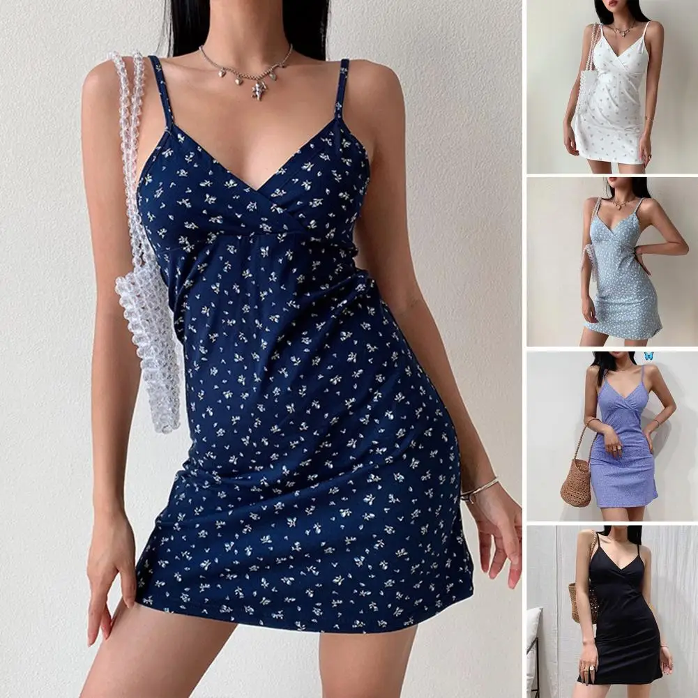 

Women Dress Sling V-neck Sleeveless Mini Dress Floral Print High Waist Backless Party Dress Slim Fit Sleeveless Summer Dress