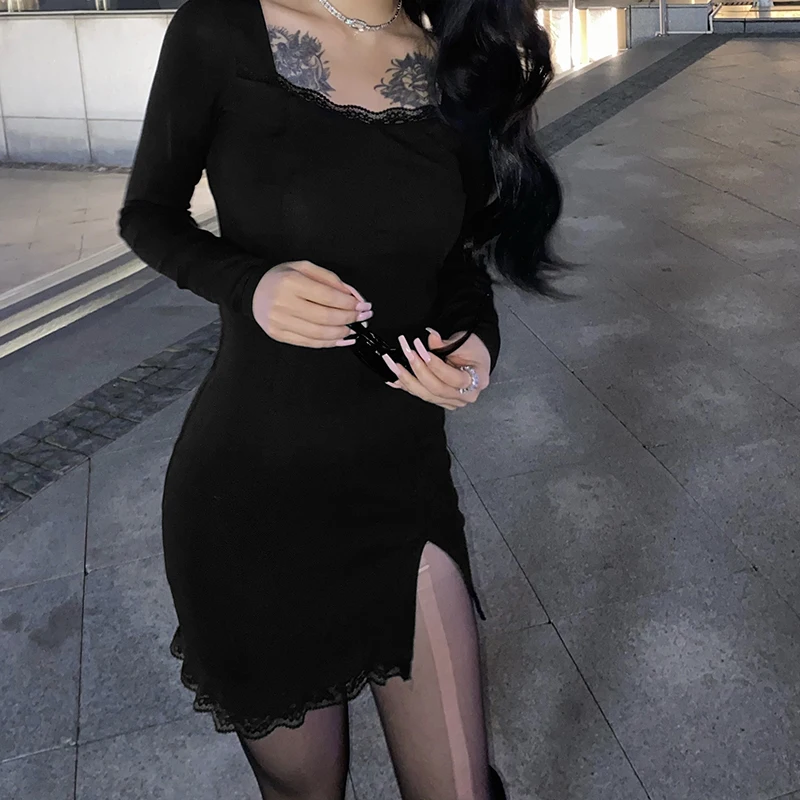 

2022 Autumn Winter Black Long Sleeve Bodycon Mini Dresses For Women Lace Trim Square Collar Elegant Goth Party Dress