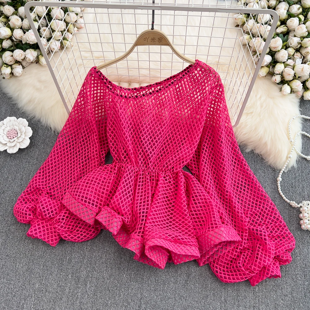 

EXCELLENT QUALITY Newest 2022 Women’s Oblique Shoulder Hollow Out Perspective Lantern Sleeve Chiffon Short Top