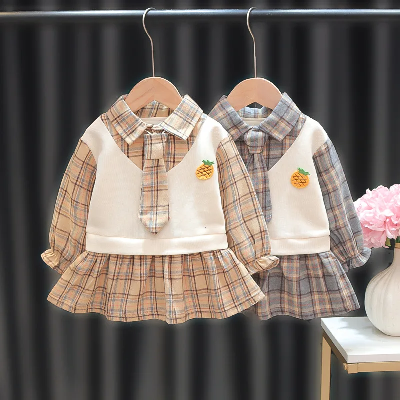 Girls Dress Girls Baby Princess Collar Plaid Long-sleeved Dress Girls Skirt 0-3 Years Old Children's Wear