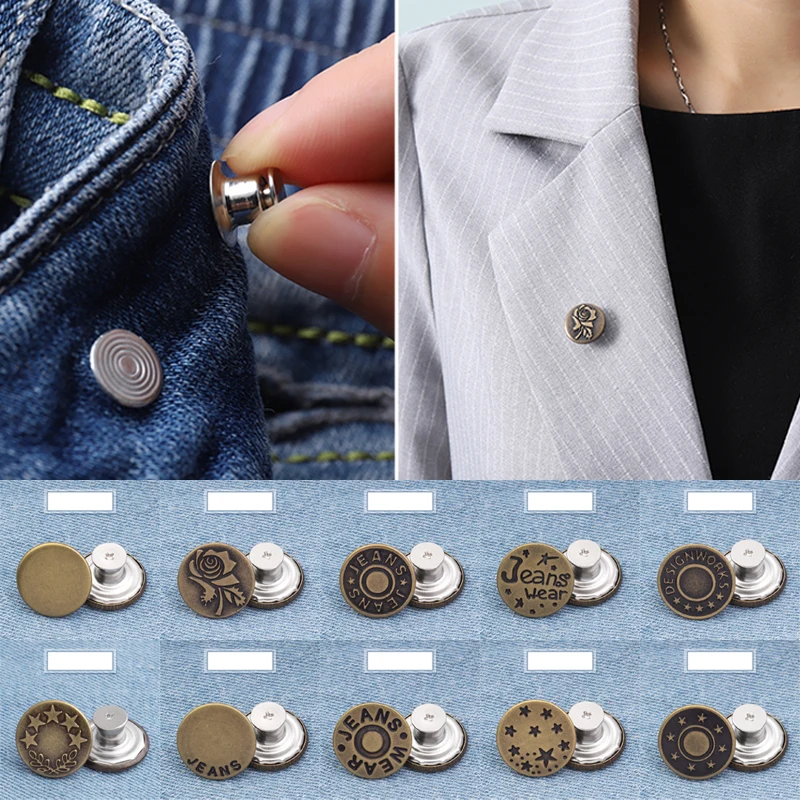 

5Pcs Vintage Round Brass Buttons For DIY Jeans Clothing Sewing Buttons Accessories Sewing-free Detachable Pants Buttons Supplies