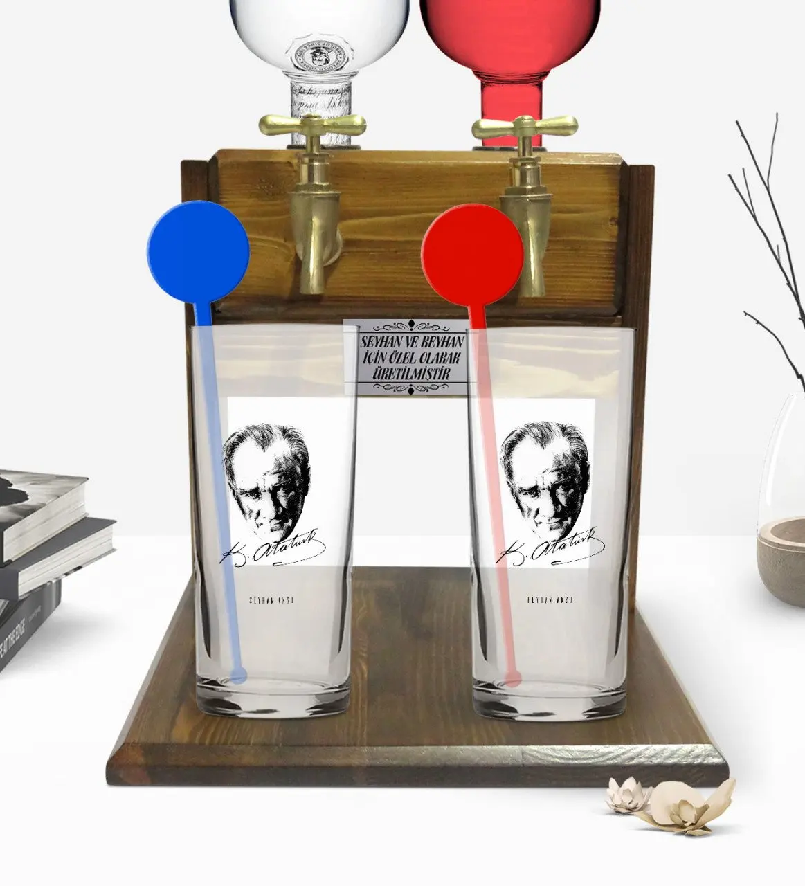 

Personalized Colorful Printed Ataturk Themed Dual Vodka Cup and Double Tap Natural Wood Vodka Standı-18
