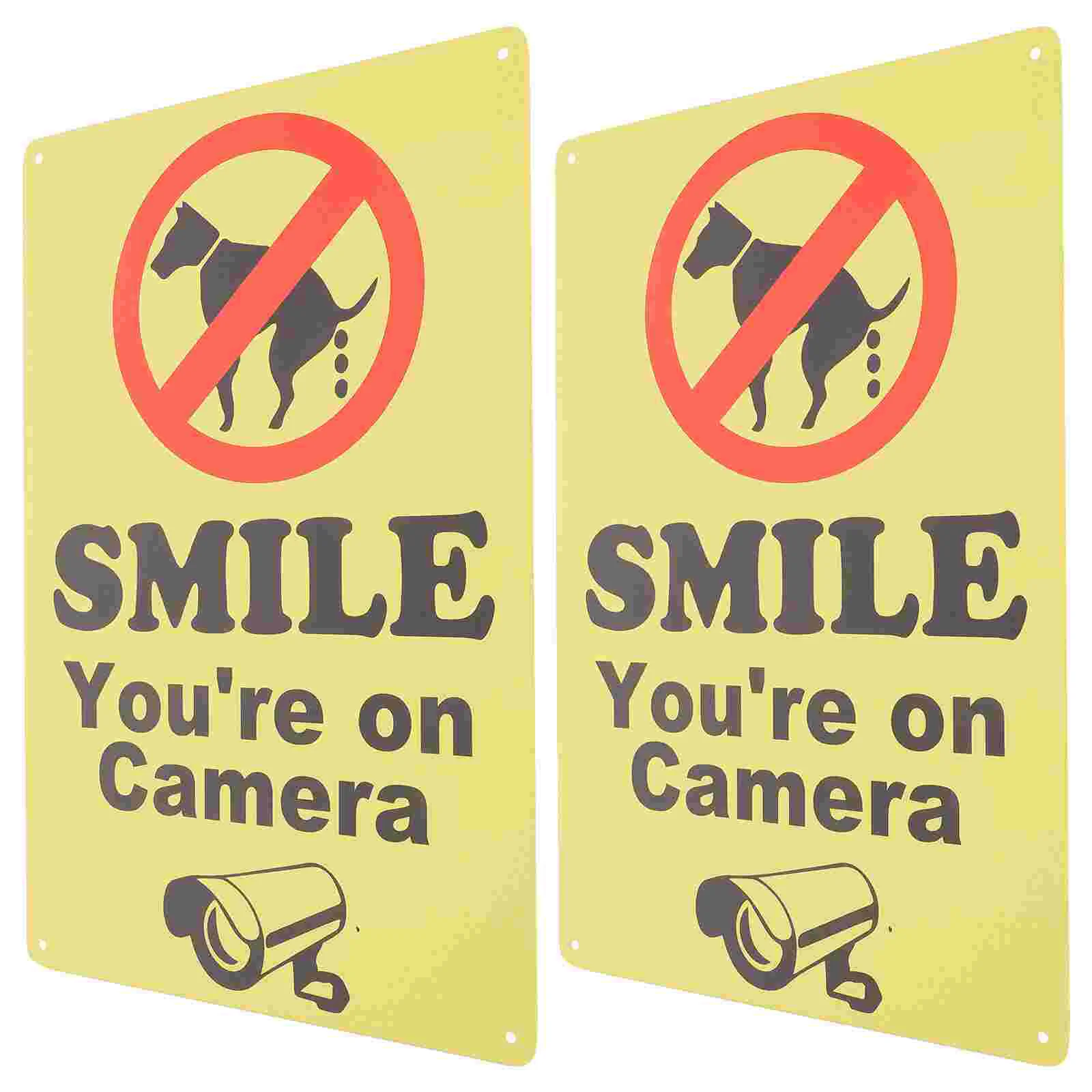 

2 Pcs Smile Your Camera Sign No Peeing Vintage Warning Iron Signs Dog Walking Notice Park Warm Tip