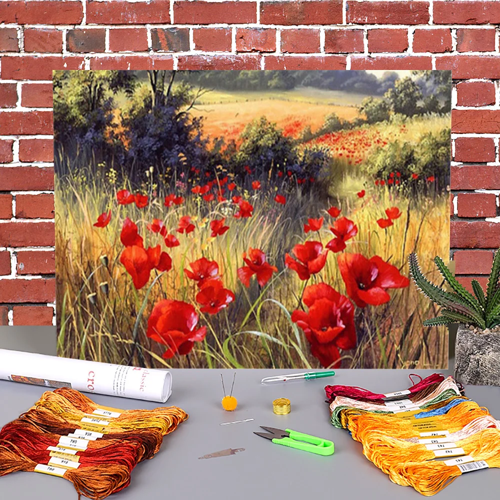 

Poppy Flowers Pre-Printed 11CT Cross Stitch Patterns Embroidery DMC Threads Hobby Painting Craft Handicraft Jewelry Sales