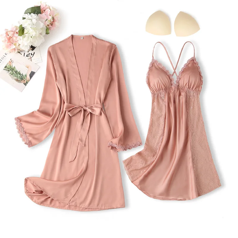 

Women Lace Trim Kimono Robe Gown Bride Wedding Underwear Bathrobe Sexy V-Neck Nightdress Casual Loose Sleepwear Home Clothing