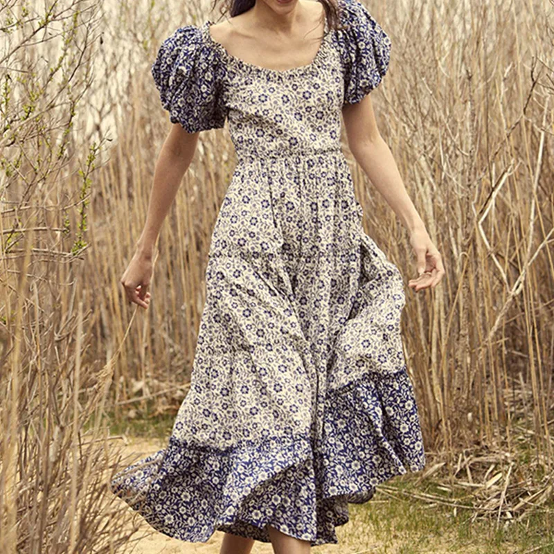 

Vintage Floral Print Women Dresses Loose Puff Sleeve O-neck Ladies Midi Robe 2022 Summer new