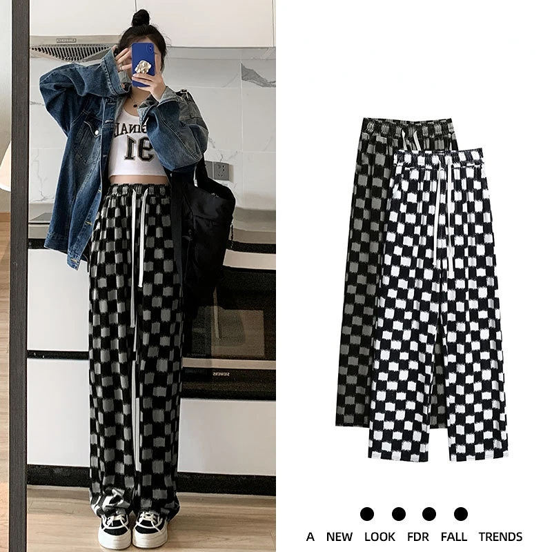 

2022 Autumn Women's Plaid Pants Harajuku Streetwear Hip Hop Wide Leg Trousers Female Teens Loose Casual Straight Pants