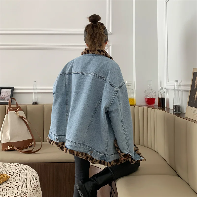 Retro Chic Both Sides Wear Leopard Denim Jacket Women Korean Winter Clothes Thickening Girl Wearing Rabbit Fur Temperament Coat