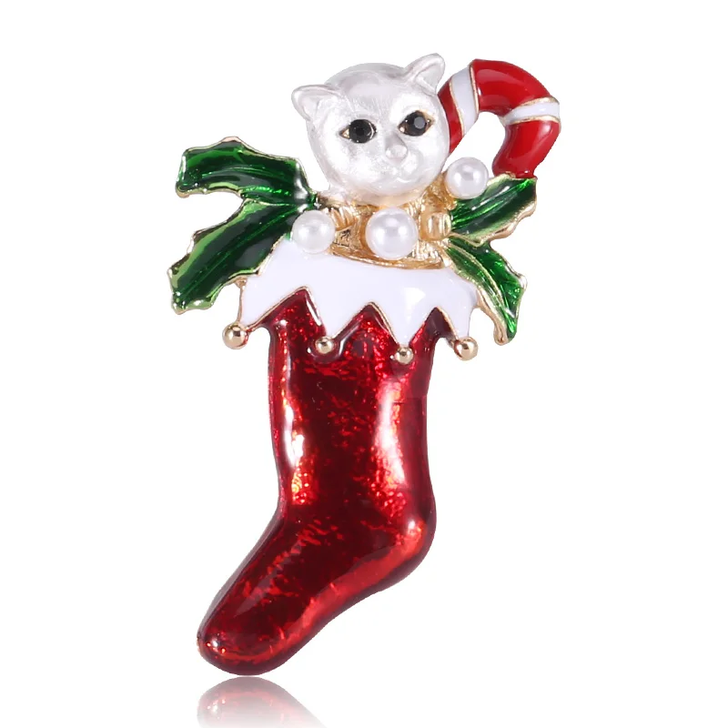 

Creative Alloy Drop Oil Christmas Gift Socks Cat Brooch