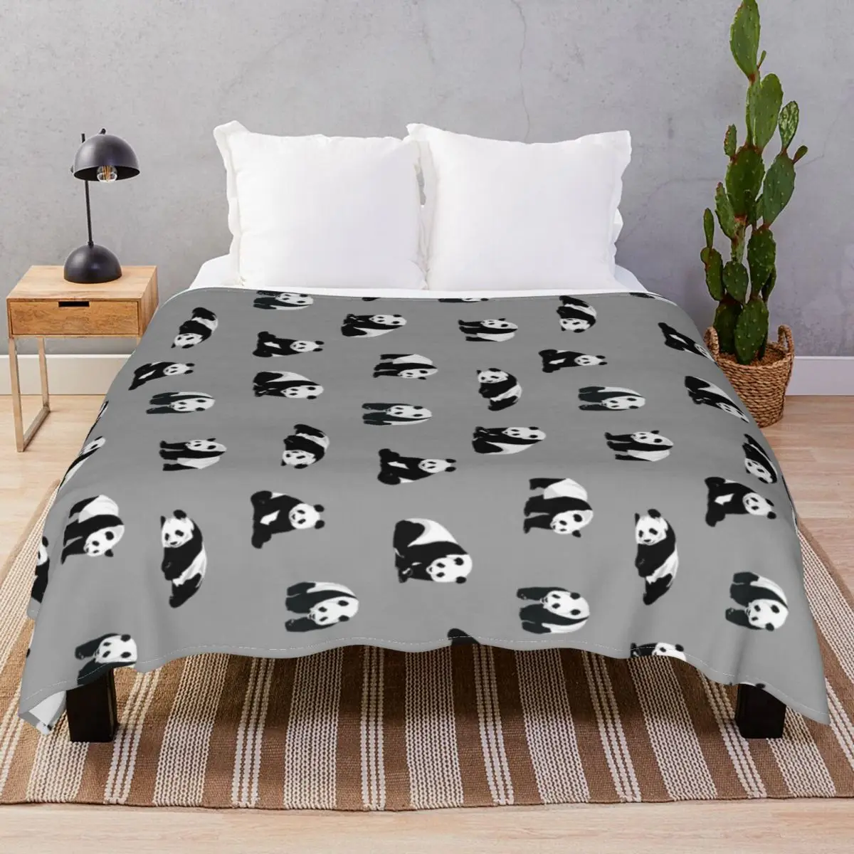 Pandas On Grey Blankets Flannel Spring/Autumn Warm Throw Blanket for Bed Sofa Travel Office