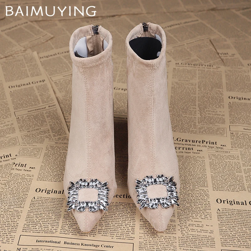 Замшевые женские ботильоны с кристаллами пикантные туфли на высоком каблуке