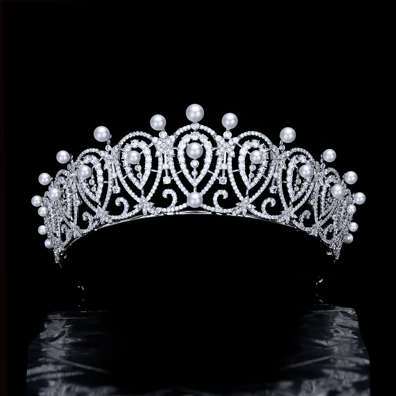 

5A Cubic Zirconia Spanish Loop Replica Tiara for Wedding,Pearl Crowns Princess CZ Tiaras Diadem for Bridal Hair Jewelry